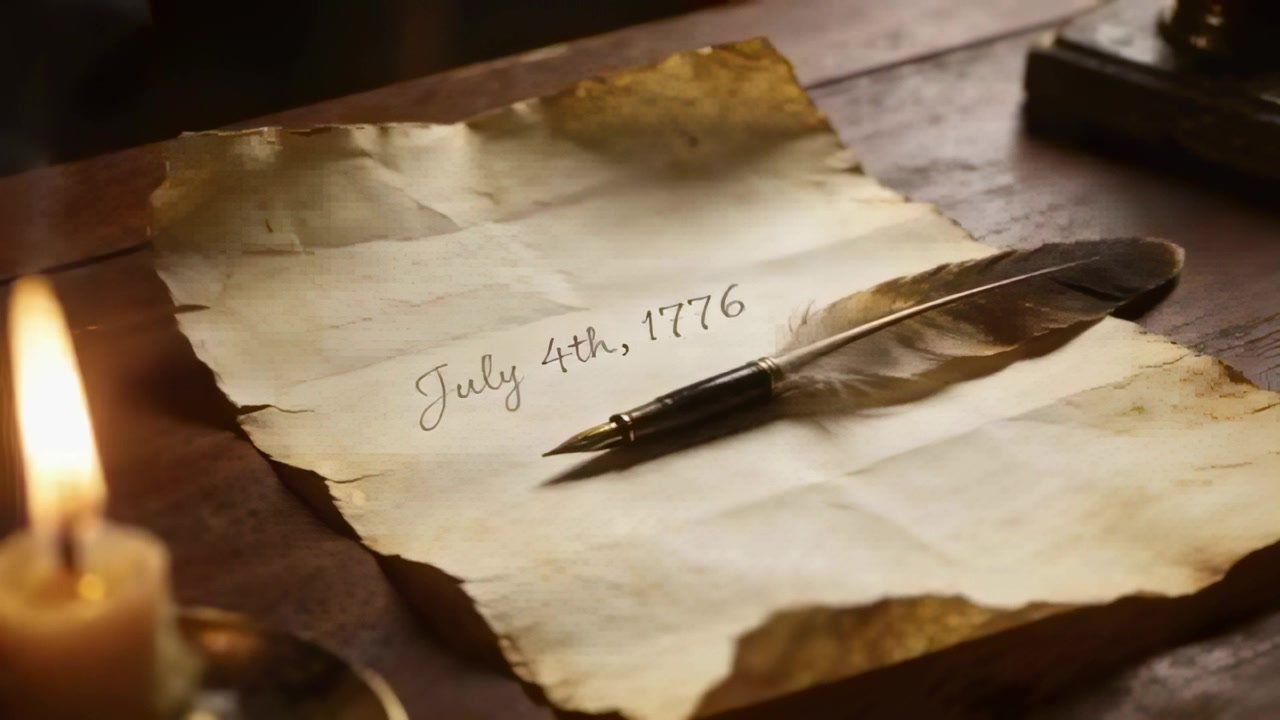 Flickering candle flame causing parchment showing July 4th, 1776, quill by inkwell glowing at desk