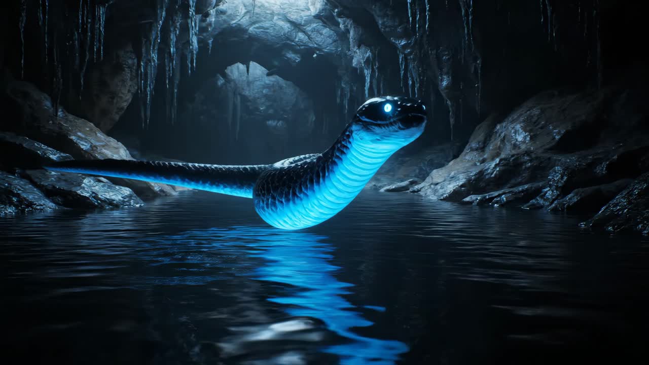 Glowing snake in a cave
