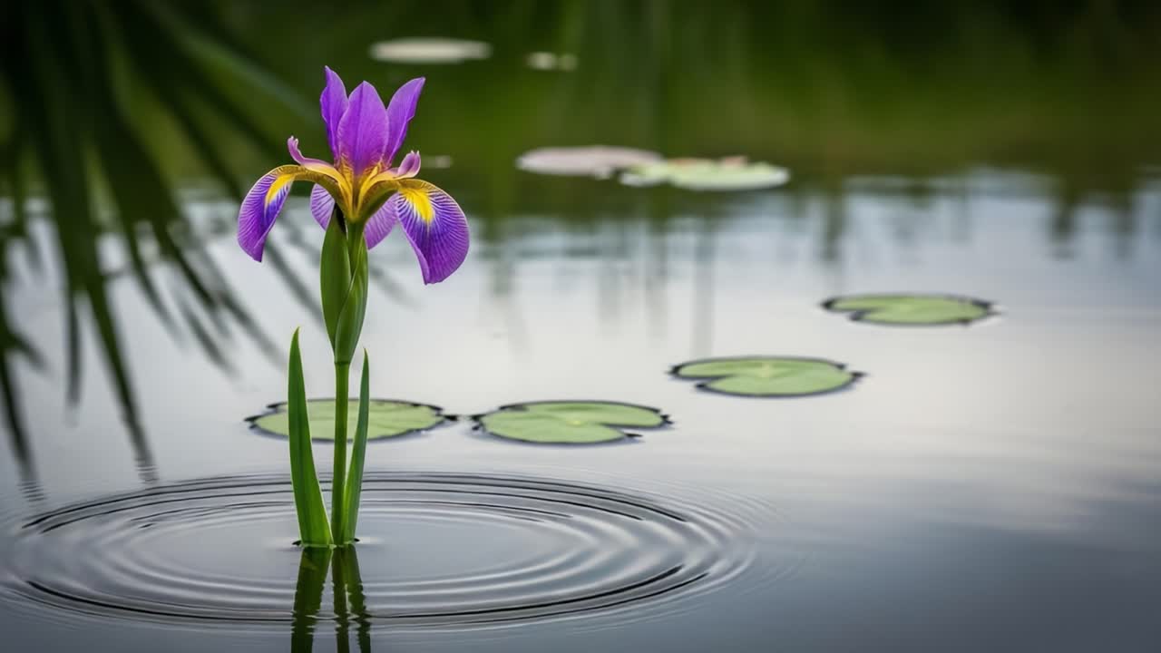 A Tranquil Water Scene Featuring a Vibrant Purple Iris Flower Amidst Gentle Ripples and Lily Pads Reflecting Calmness and Natural Beauty