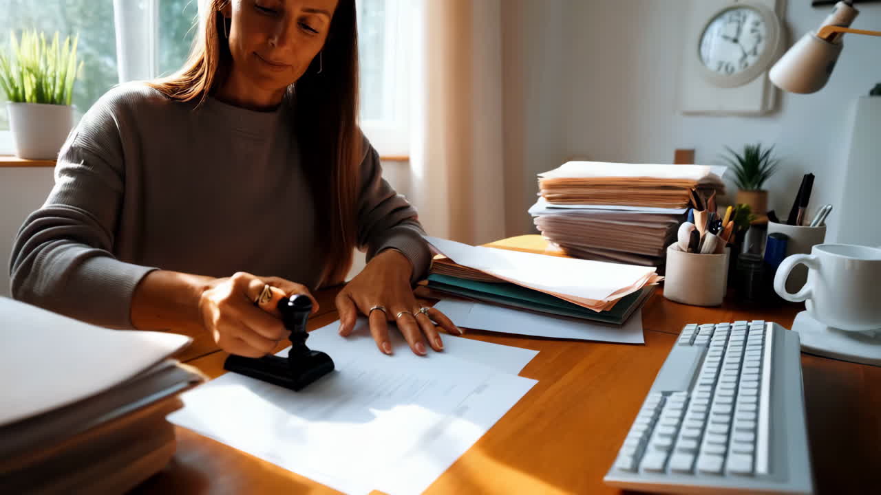 Woman Stamping Documents at Desk