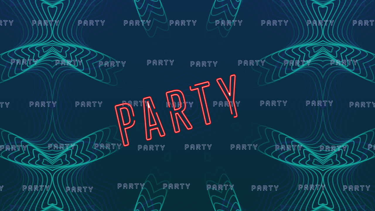 파티 네온 텍스트의 애니메이션이 파란 패턴 위에 반복됩니다.