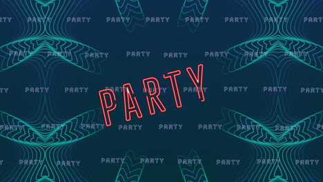 animation of party neon text in repetition over blue pattern