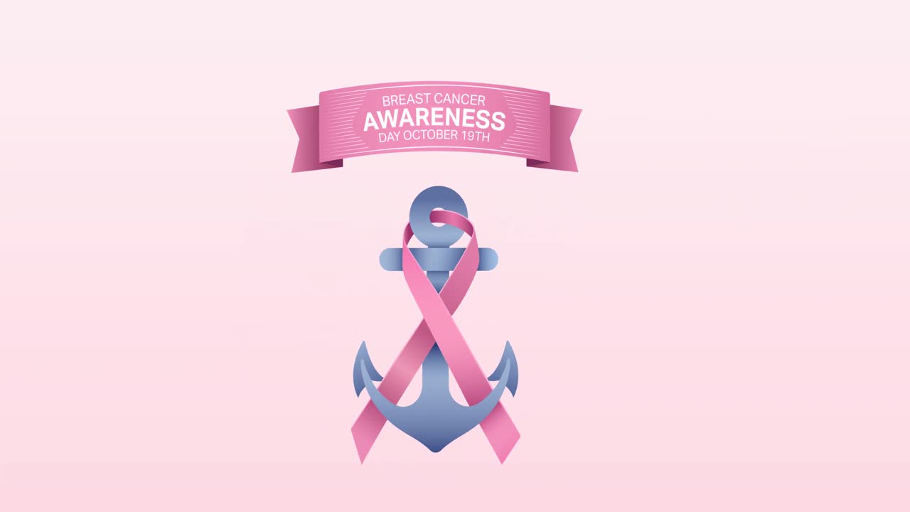 분홍색 배경에 나타나는 분홍색 리본  ⁇ 커 로고와 유방암 텍스트의 애니메이션