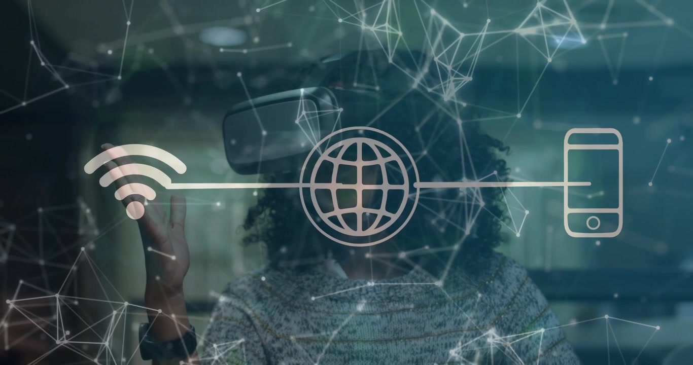 Kvinde med VR-headset trykker på Wi-Fi-ikon til demonstration af datakortlægning, genererer globus med pulserende overlay