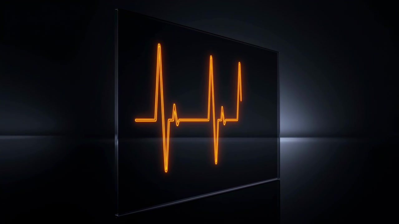 En orange neonlinje forvandles fra en simpel vinkel til en gentagende pulsform hen over et blankt sort vertikalt panel, hvor den opnår lysstyrke, glorieglød, skarpe refleksioner og stemningsfuld studiekontrast.