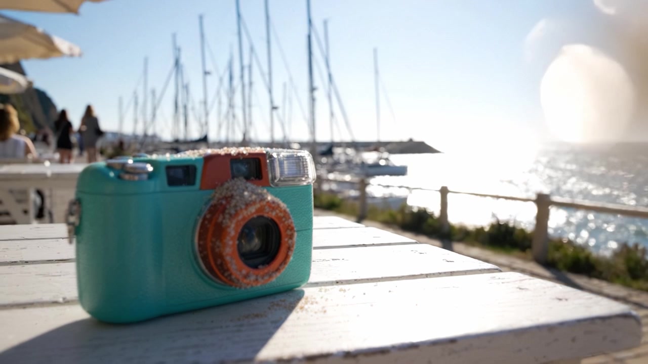 Una macchina fotografica vintage in riva al mare, incorniciata da acque illuminate dal sole e imbarcazioni nautiche, che mostra la bellezza di una fuga costiera con dettagli mozzafiato.