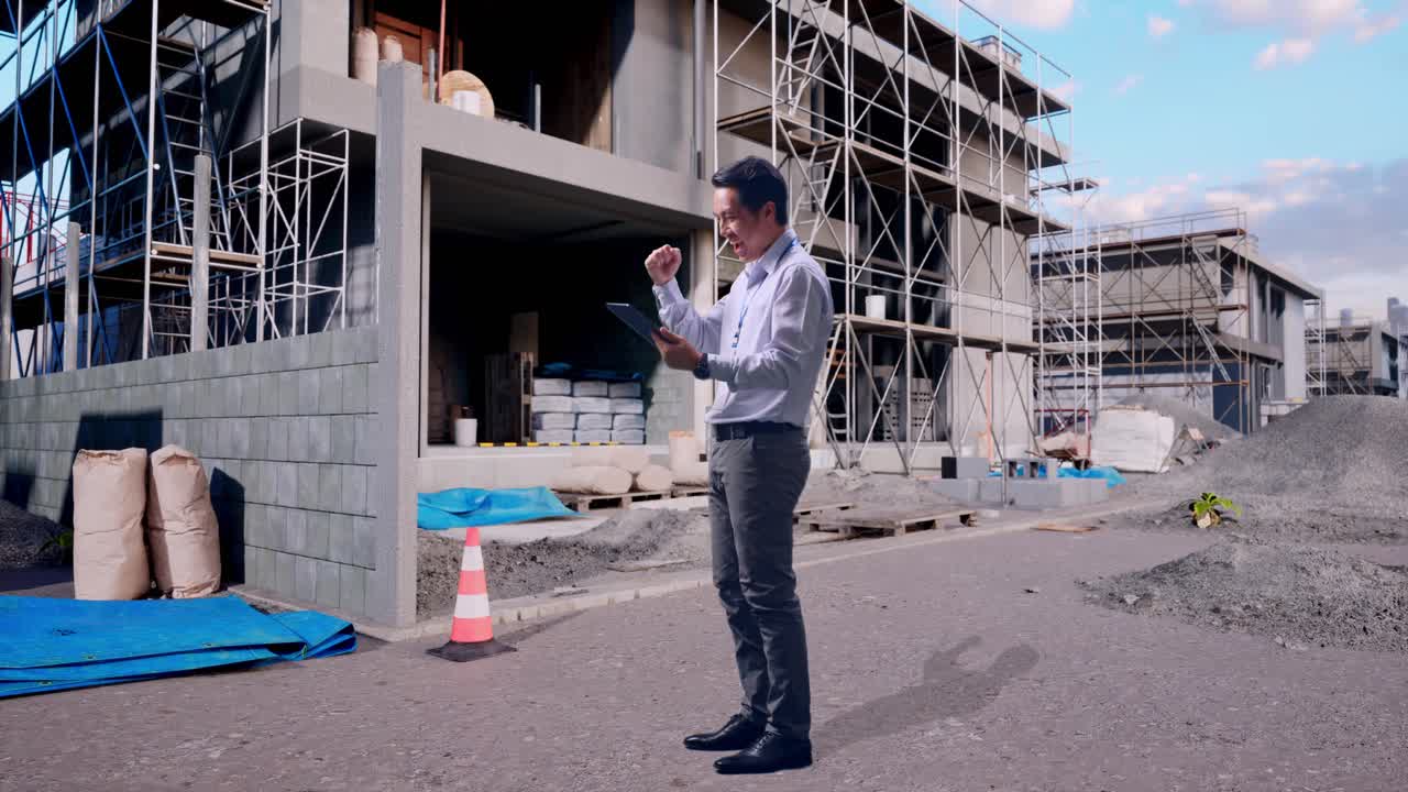 Tampilan Samping Seluruh Badan Seorang Pekerja Profesional Pria Asia Berdiri Dengan Tabletnya Di Lokasi Konstruksi yang Sedang Berlangsung ke Rumah Baru, Dia Mengangkat Tinju Dengan Tujuan Berteriak