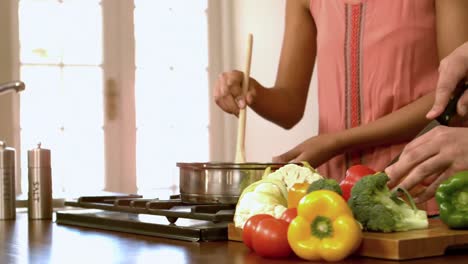 pareja joven cocinando algunas verduras