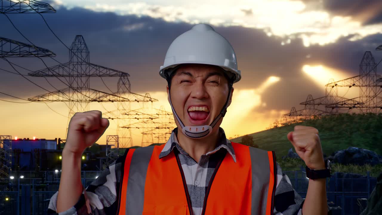 흥분 된 엔지니어 가 발전소 에서 축하 하고 있다