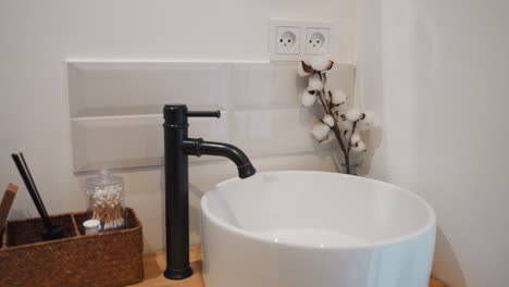 modern minimalist bathroom with white sink and black faucet