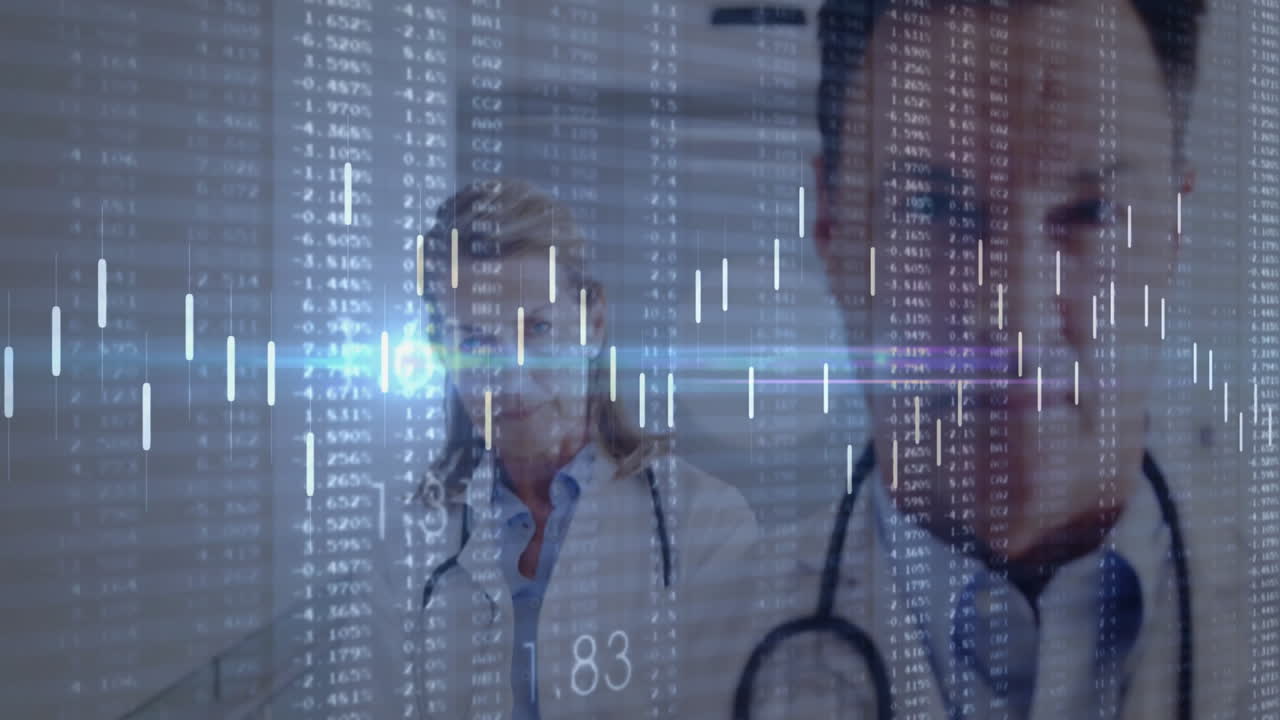 Senior female doctor and male doctor wearing stethoscopes analyzing medical data overlay and charts