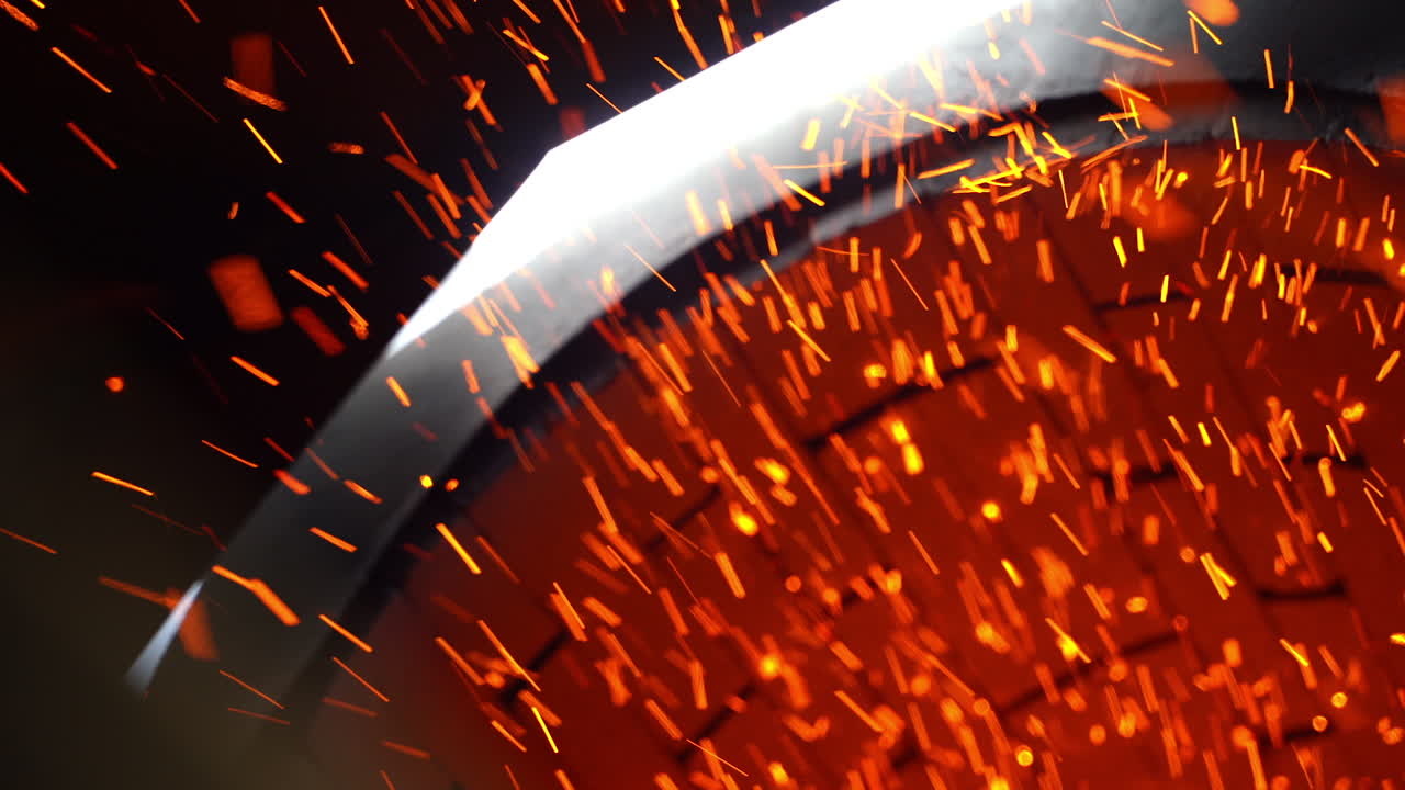 Numerous shining particles being emitted from a stove pipe. Orange and yellow sparks flying fast at black backdrop.
