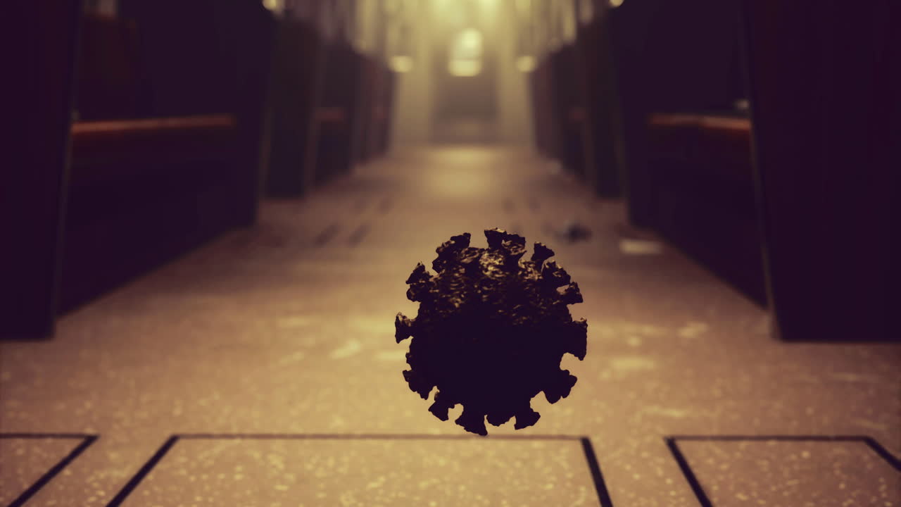 Floating virus in an empty subway station creating an eerie atmosphere