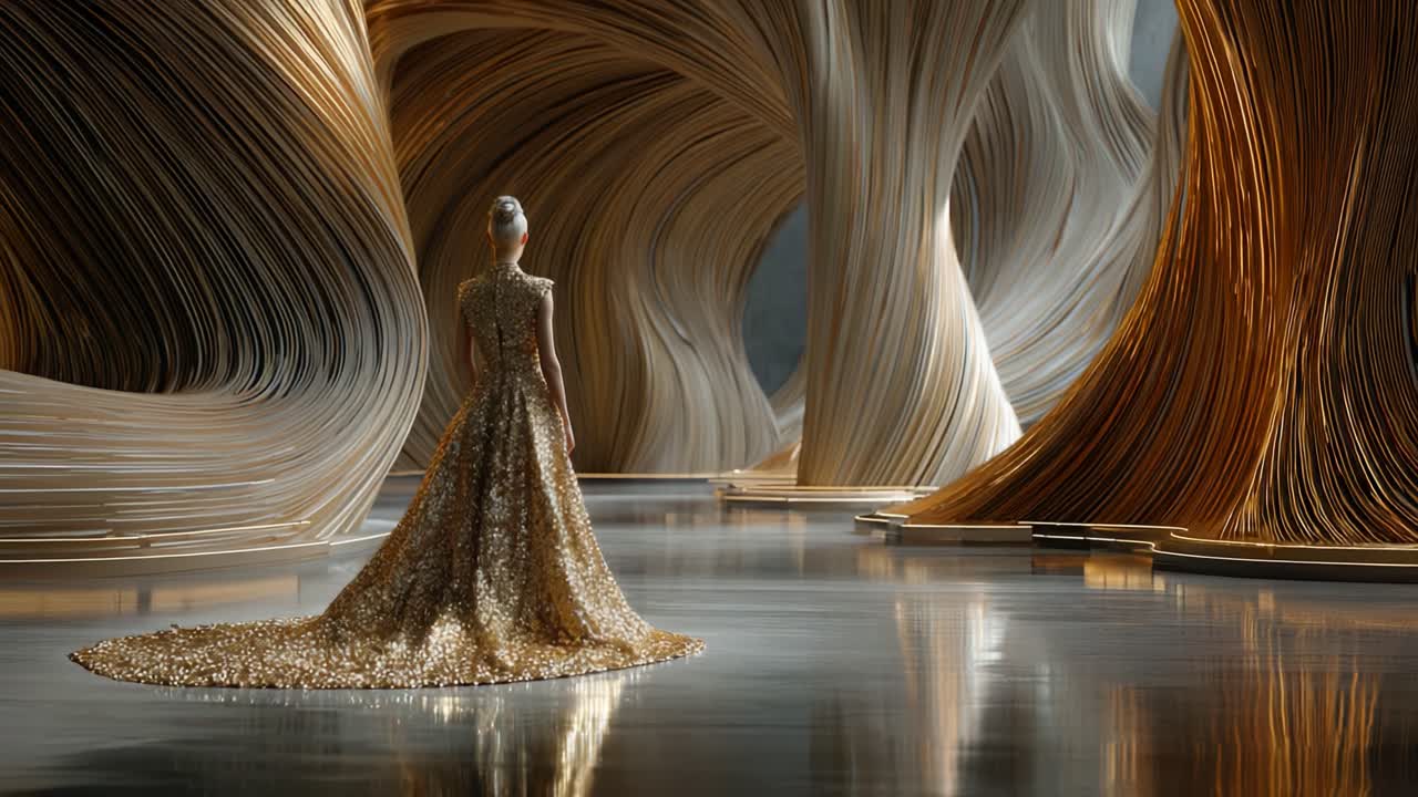 Elegant Woman in Golden Dress in Artistic Architectural Space