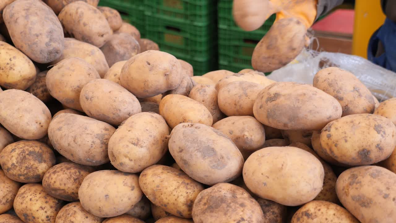 una gran pila de patatas en un mercado de agricultores