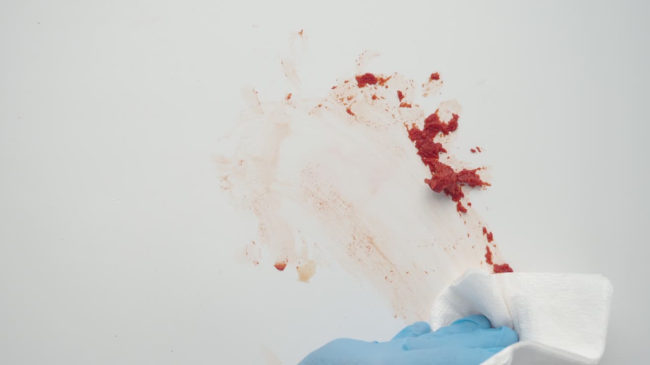 limpiando un derrame de salsa de tomate