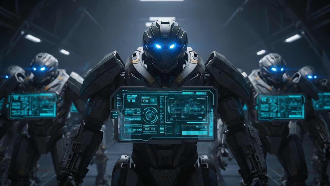 A group of advanced robotic figures stands in a futuristic setting, featuring glowing blue eyes and interactive display panels showcasing technology in an industrial backdrop