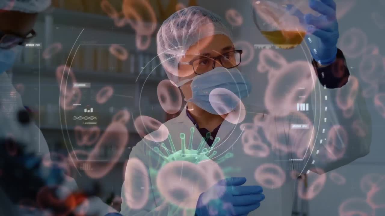 animación de células de coronavirus sobre personas con máscaras faciales en el laboratorio