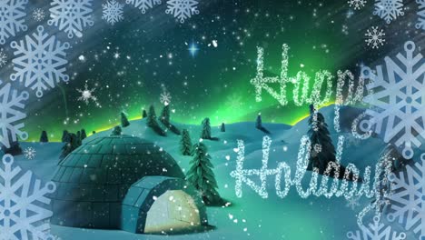 Animation-of-happy-holidays-text-over-igloo-and-winter-scenery