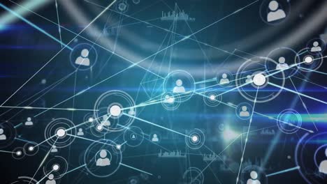 network of profile icons and and data processing against light trails on blue background
