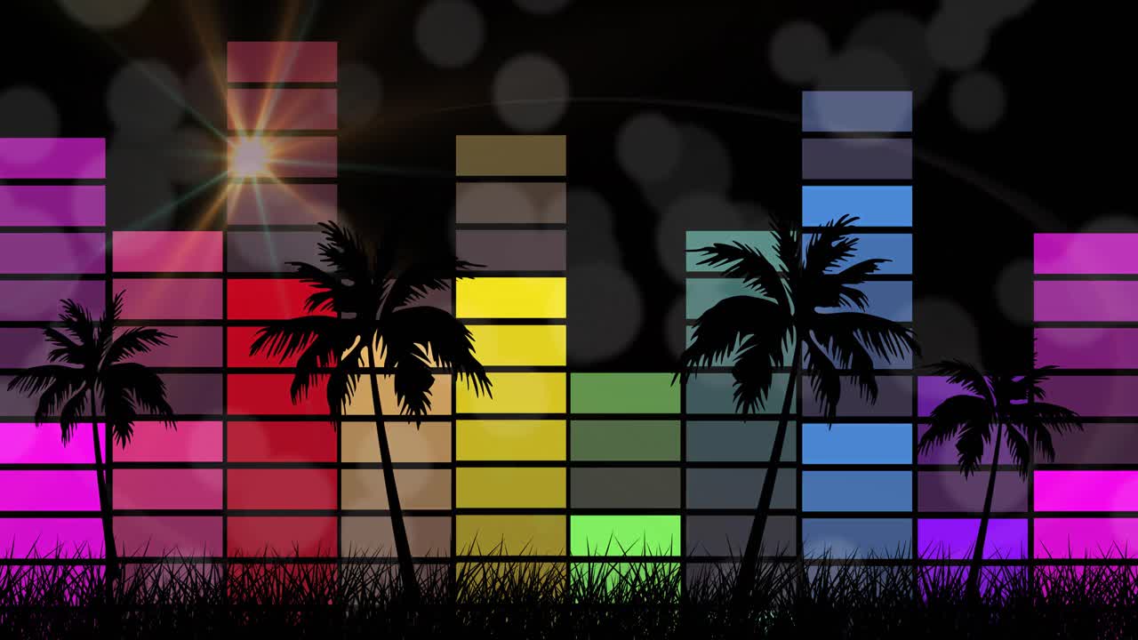 animación del icono de dj femenino sobre palmeras, estrellas y luna en el cielo