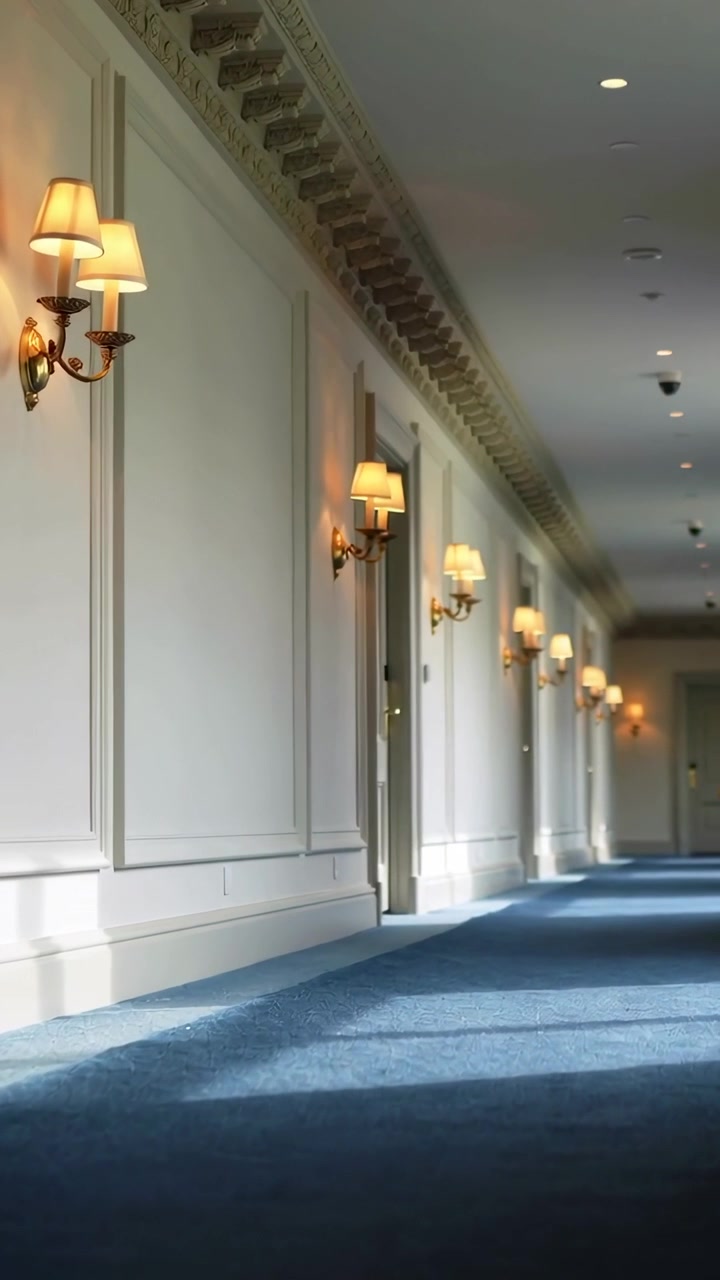 Video verticale: Telecamera bassa che avanza lungo il corridoio di un hotel con applique in ottone e una porta socchiusa.