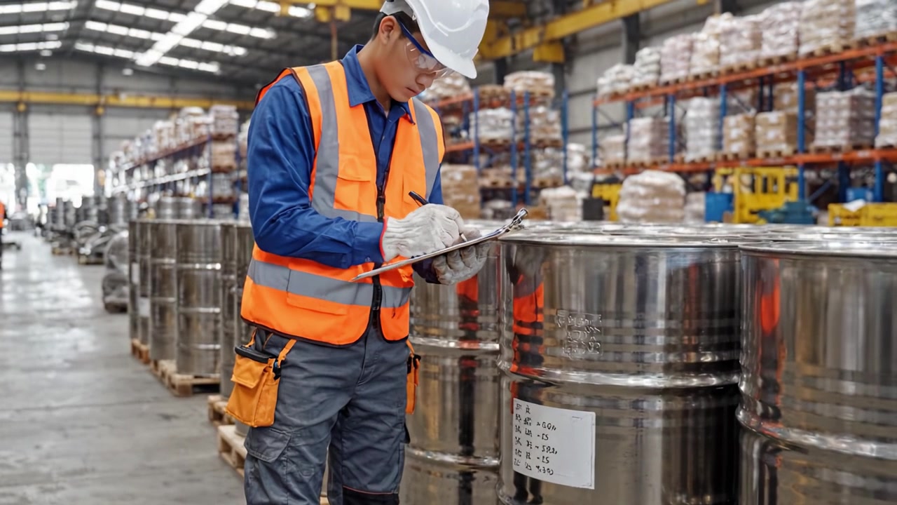 Trabajador de almacén realiza control de inventario en bidones metálicos, asegurando el mantenimiento adecuado y los procedimientos de seguridad en un entorno industrial organizado.