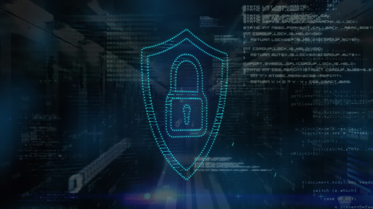 Animation of dots forming padlock in shield, computer language, binary codes over server room