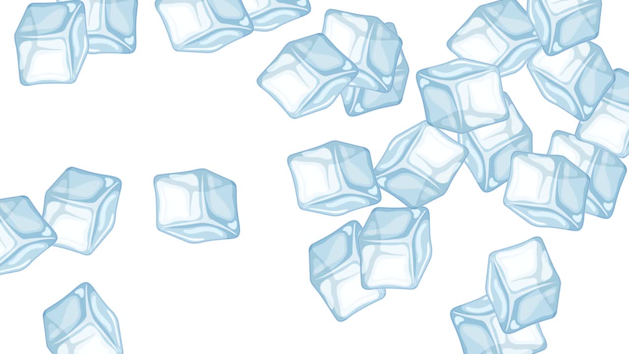 Ice cubes cascade gracefully against a stark white background, creating a fluid and rhythmic visual experience