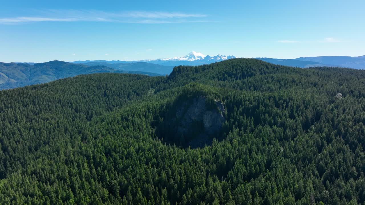 antena de un paisaje lleno de árboles con el monte baker asomando en la distancia