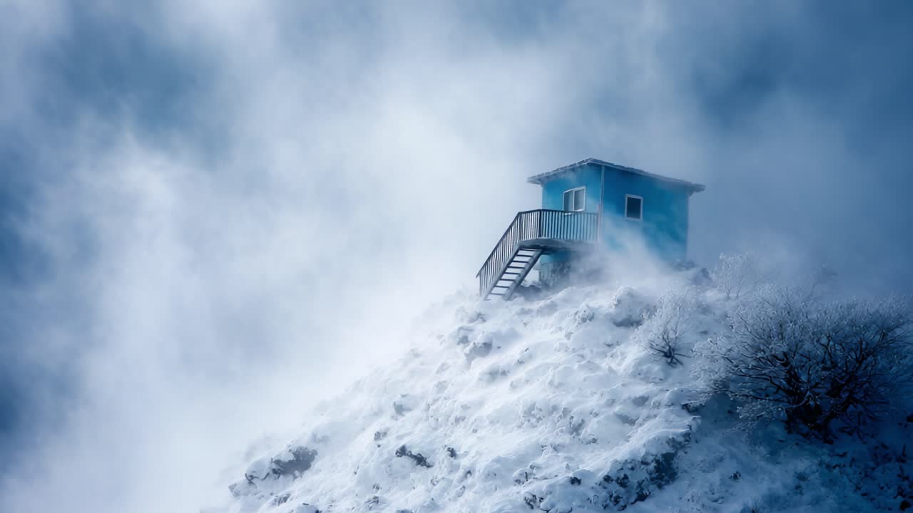 A solitary blue house perched on a snowy hill, surrounded by swirling fog and wintry landscapes, capturing the essence of isolation and tranquility in a winter wonderland