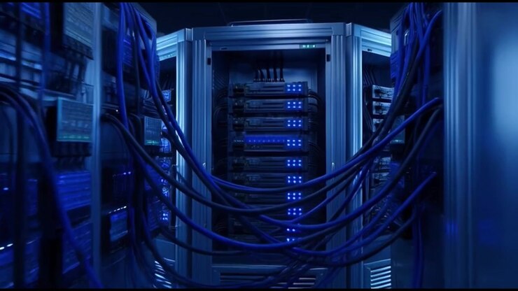 Camera Moving Through Rows of Server Racks in Data Center