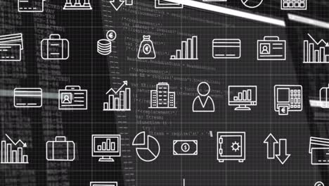 animation of business icons over data processing on black background