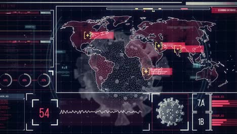 Digital-interface-with-data-processing-against-scope-scanning-over-covid-19-cell-on-black-background