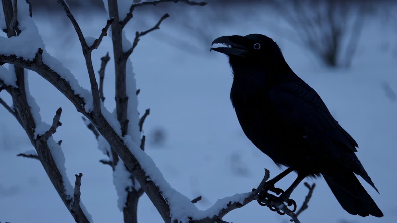 A Raven Perched on Snow-Covered Branches in Winter