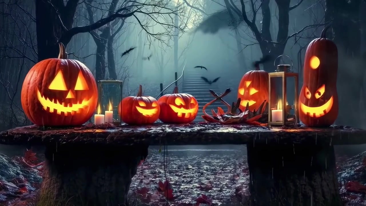 Spaventose zucche di Halloween su un tavolo di legno in una foresta buia