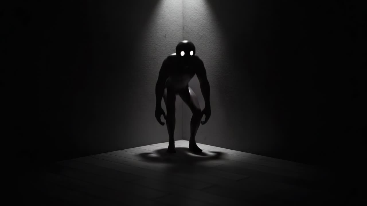 A Mysterious Shadowy Figure Emerges from Darkness, Illuminated by a Single Light Source, Creating an Eerie and Intriguing Atmosphere in a Dimly Lit Room