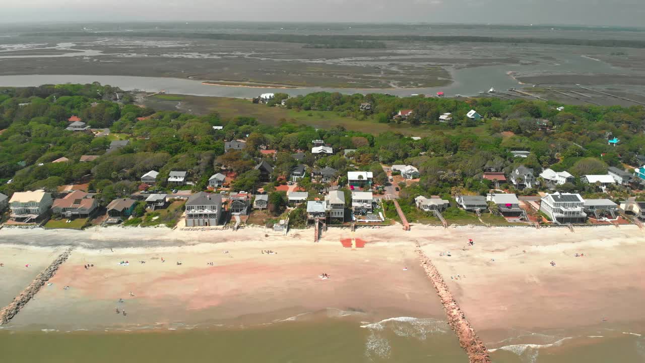 Aerial drone footage of coastal Folly Beach, South Carolina