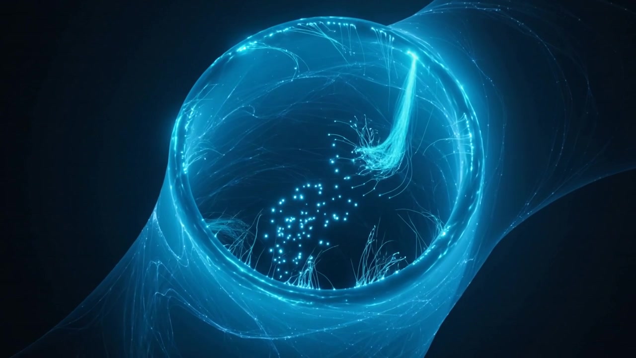 Incoming filament entering tube at top-right rim in dark void, unfurling tendrils, forming cluster