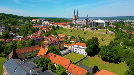 4k aerial drone video of the historic michaelsberg abbey in the old town area of bamberg, germany