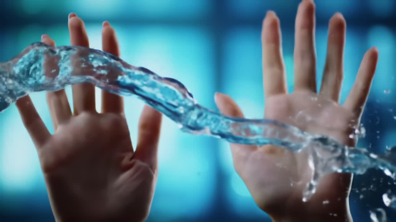 Capturing the Dance of Water: Two Hands Interact with Flowing Liquid, Creating Dynamic Splashes and Beautiful Reflections in a Blue Environment