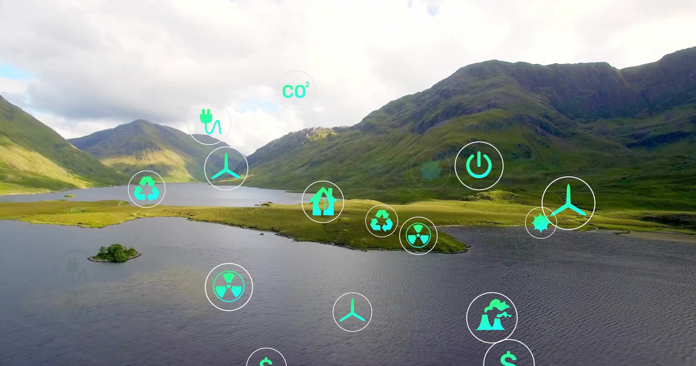 Tranquil mountain lake sending floating energy icons clustering upward to visualize eco impact