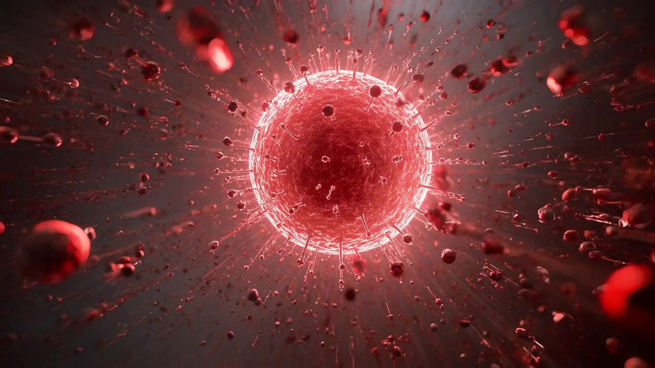 Una sfera rossa che si illumina inizia a irradiare dal bordo, proiettando punte e goccioline in un fluido cellulare.