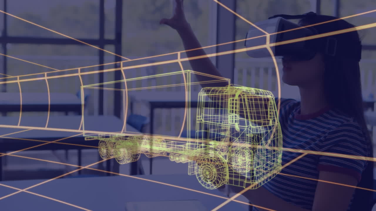 animación de un dibujo de coche en 3d sobre una mujer con auriculares vr