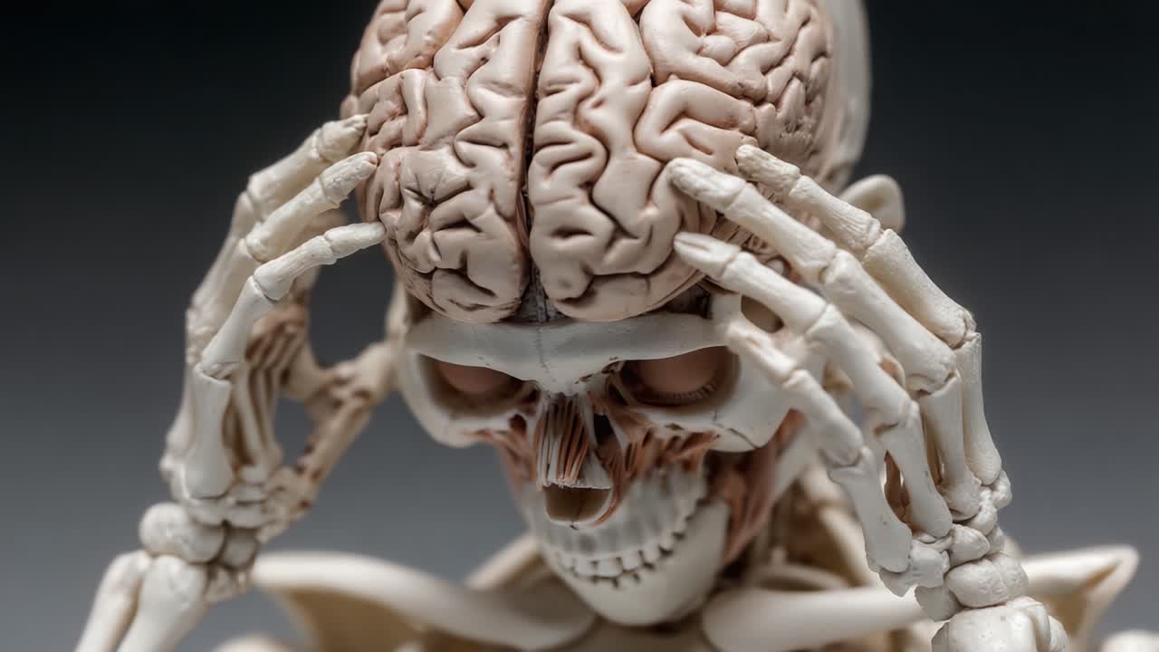 Rappresentazione Anatomica di un Cranio Umano con Enfasi sulla Struttura Cerebrale, Evidenziando la Connessione tra Neurologia ed Esistenza Fisica in una Forma Artistica Unica