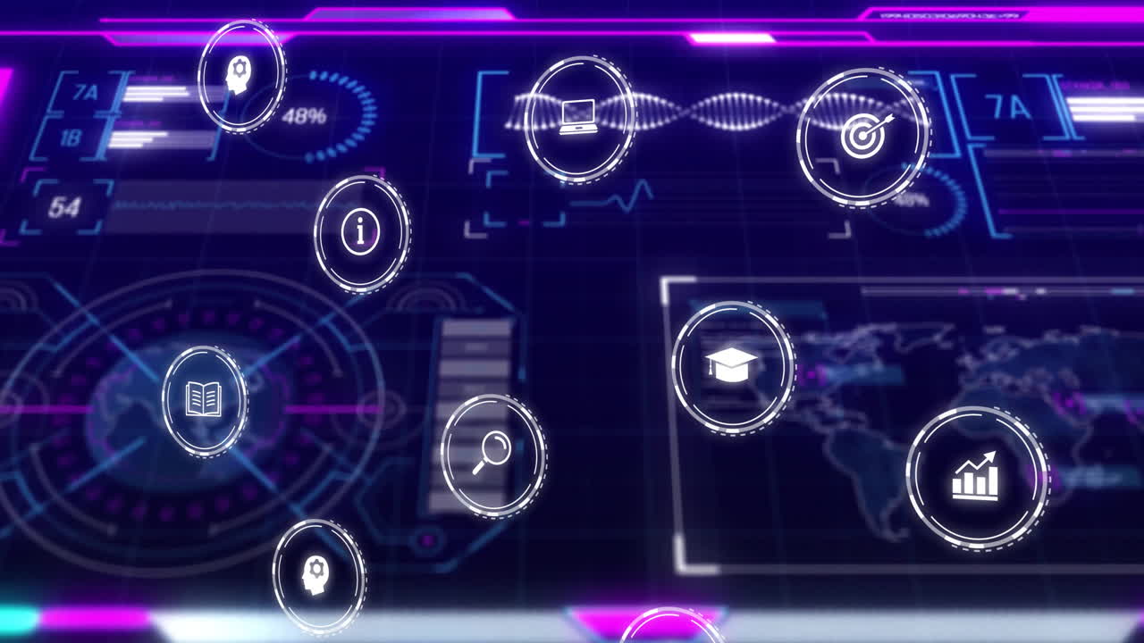 Animation of digital interface with icons for education, search, global connectivity