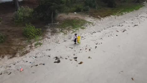 woman collecting plastic and trash from a polluted beach on a sunny day for ocean conservation efforts