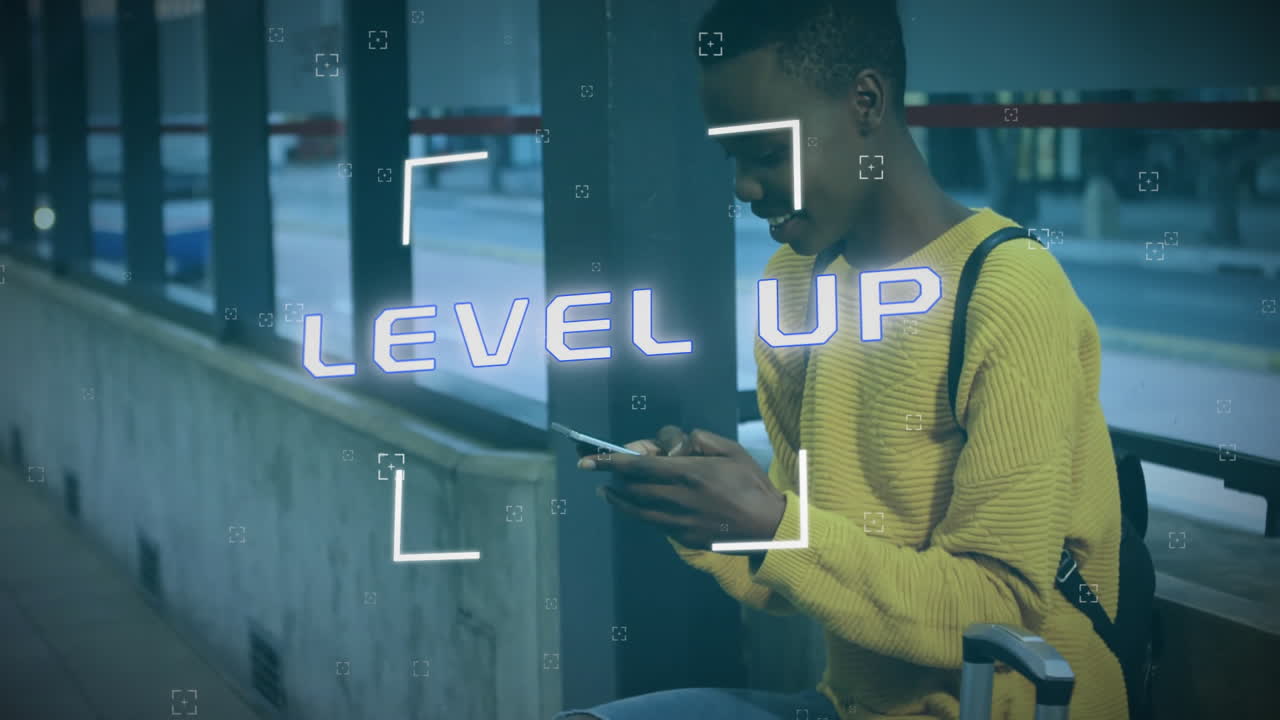 Animation of level up text and data processing over african american woman using smartphone