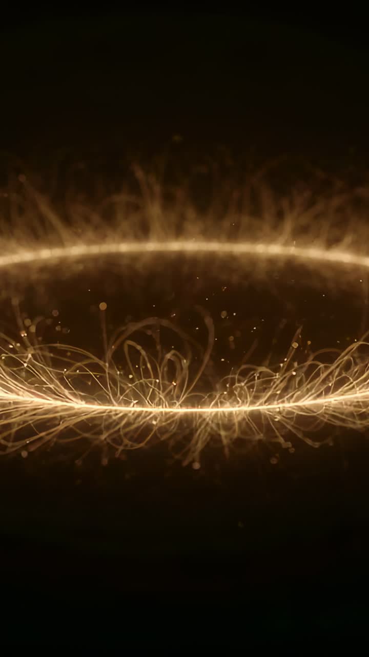 Vertical video: Pulsing golden ring sending light tendrils inward in void, forming halo and sparks