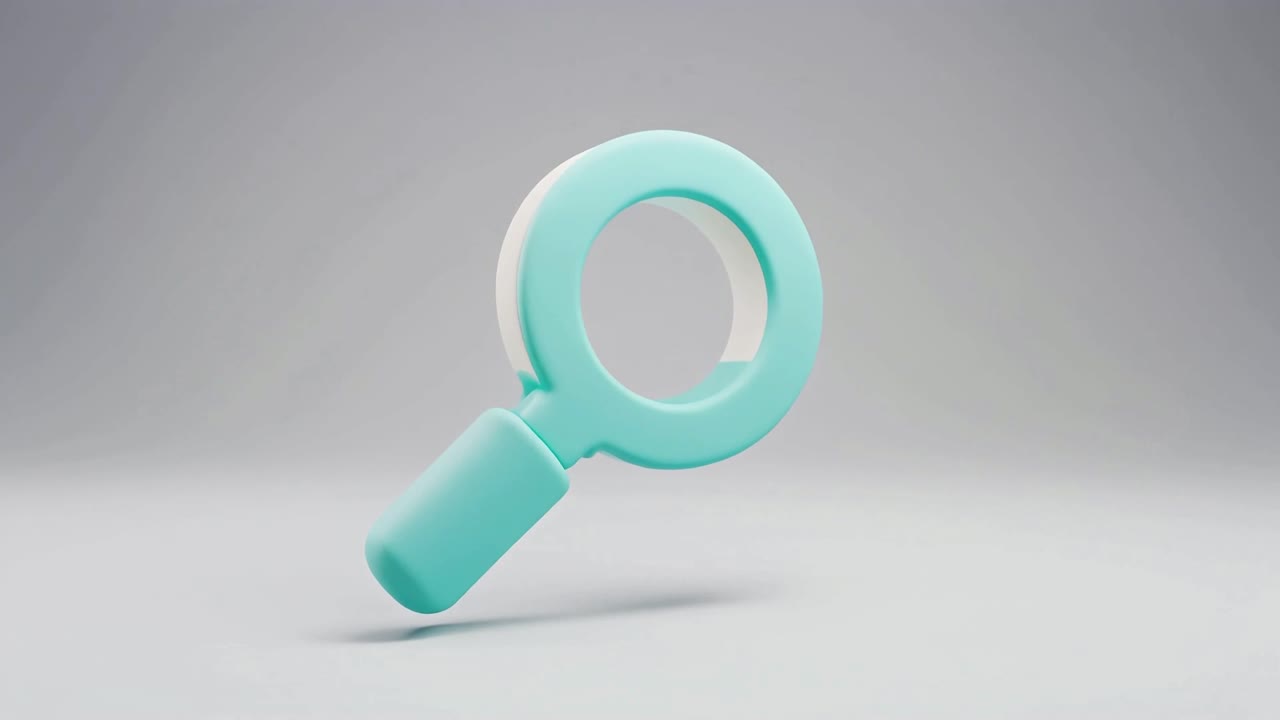 Rotující tyrkysová a bílá 3D ikona lupy.
